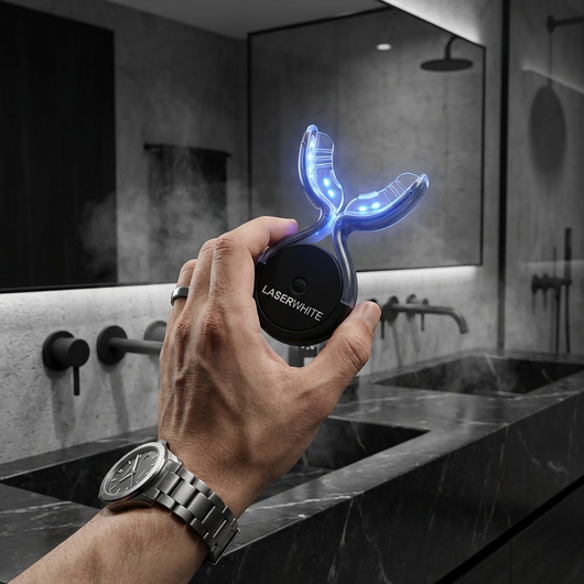 LaserWhite device glowing blue in a man's hand