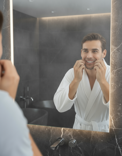 Man in a robe at his bathroom mirror