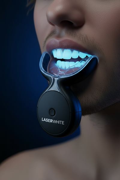 Man using the LaserWhite LED device, teeth lit blue