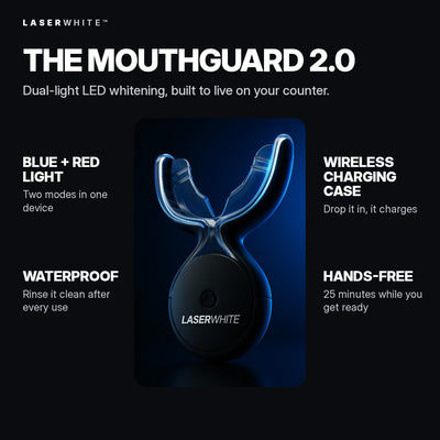 Mouthguard 2.0 features: blue and red light, waterproof, wireless charging case, hands-free