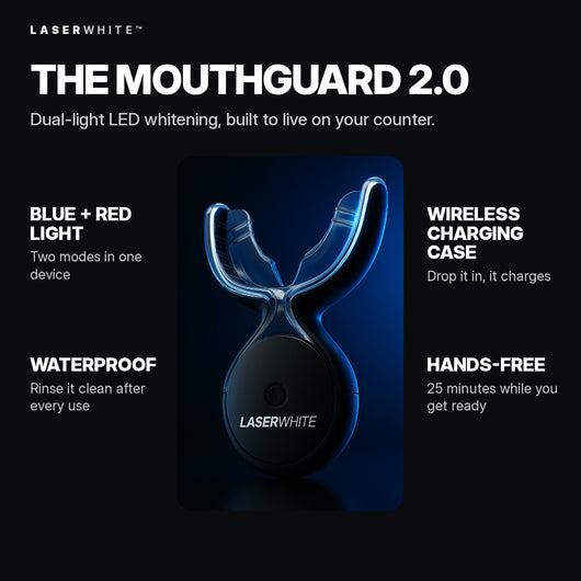 Mouthguard 2.0 features: blue and red light, waterproof, wireless charging case, hands-free