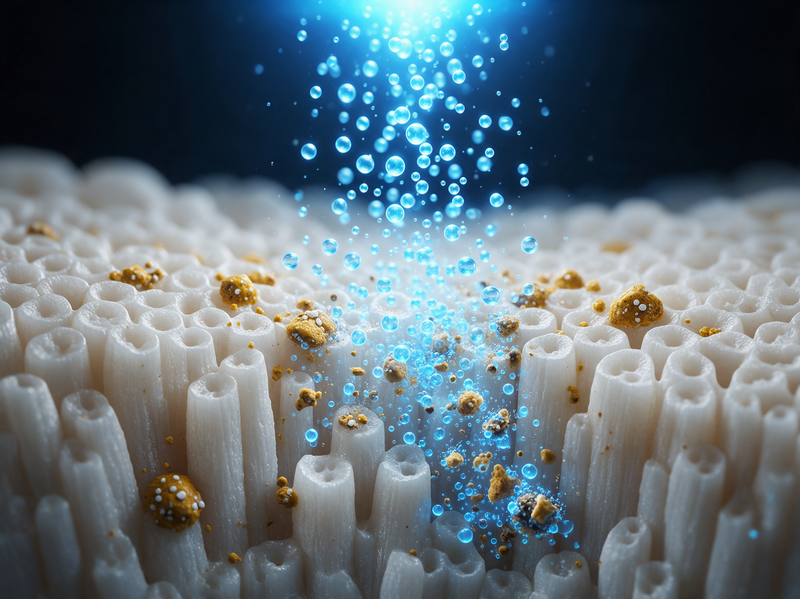 Macro render of oxygen bubbles breaking stains apart in enamel
