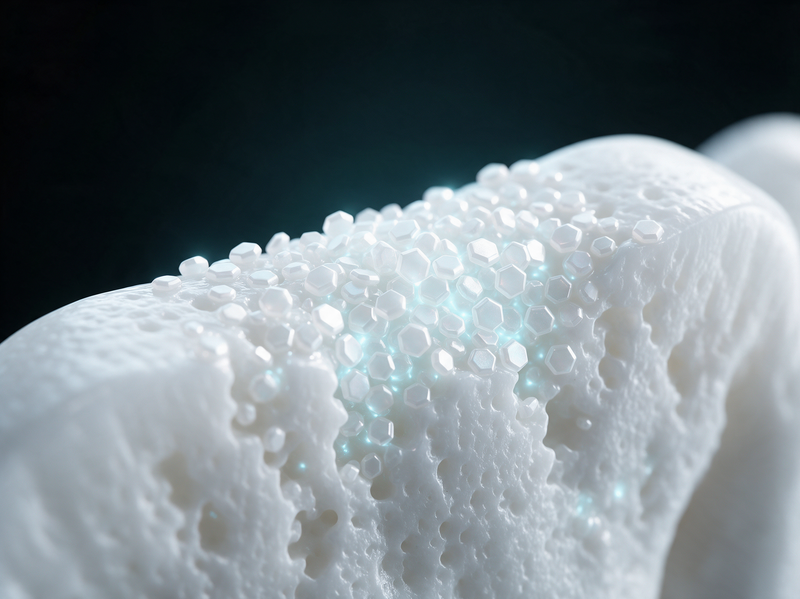 Macro render of nano-hydroxyapatite crystals filling enamel micro-gaps