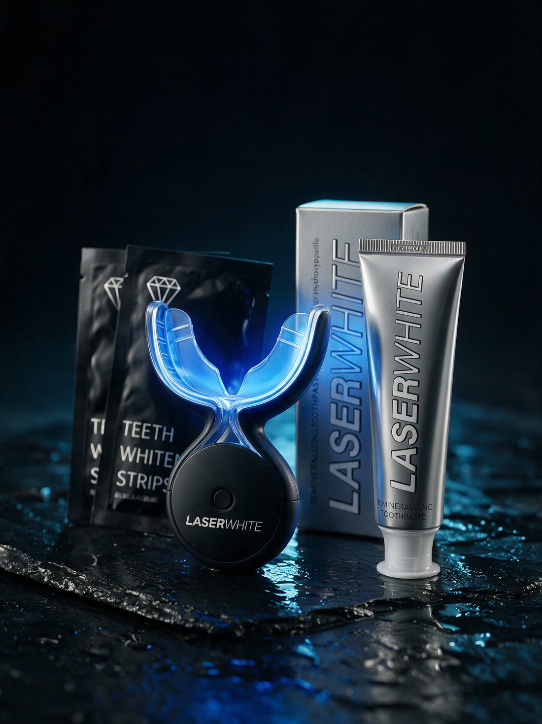 LaserWhite LED device glowing blue with whitening strips and nHA toothpaste on wet black slate