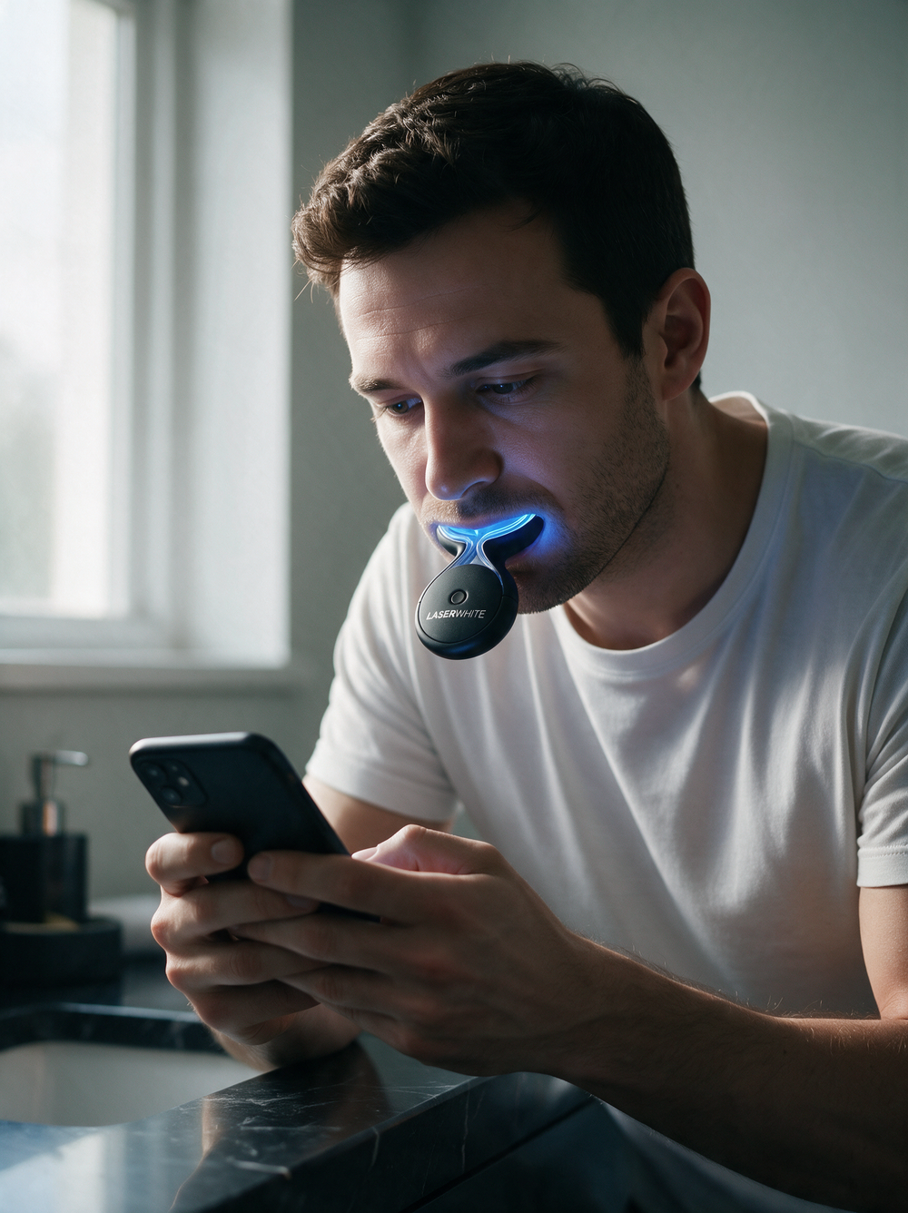 Man scrolling his phone with the LaserWhite Mouthguard 2.0 in his mouth glowing blue