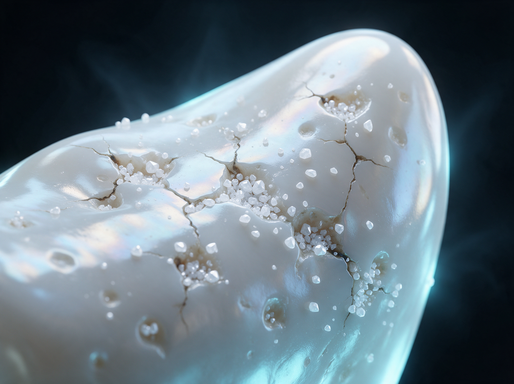 Mineral particles settling into enamel micro-gaps