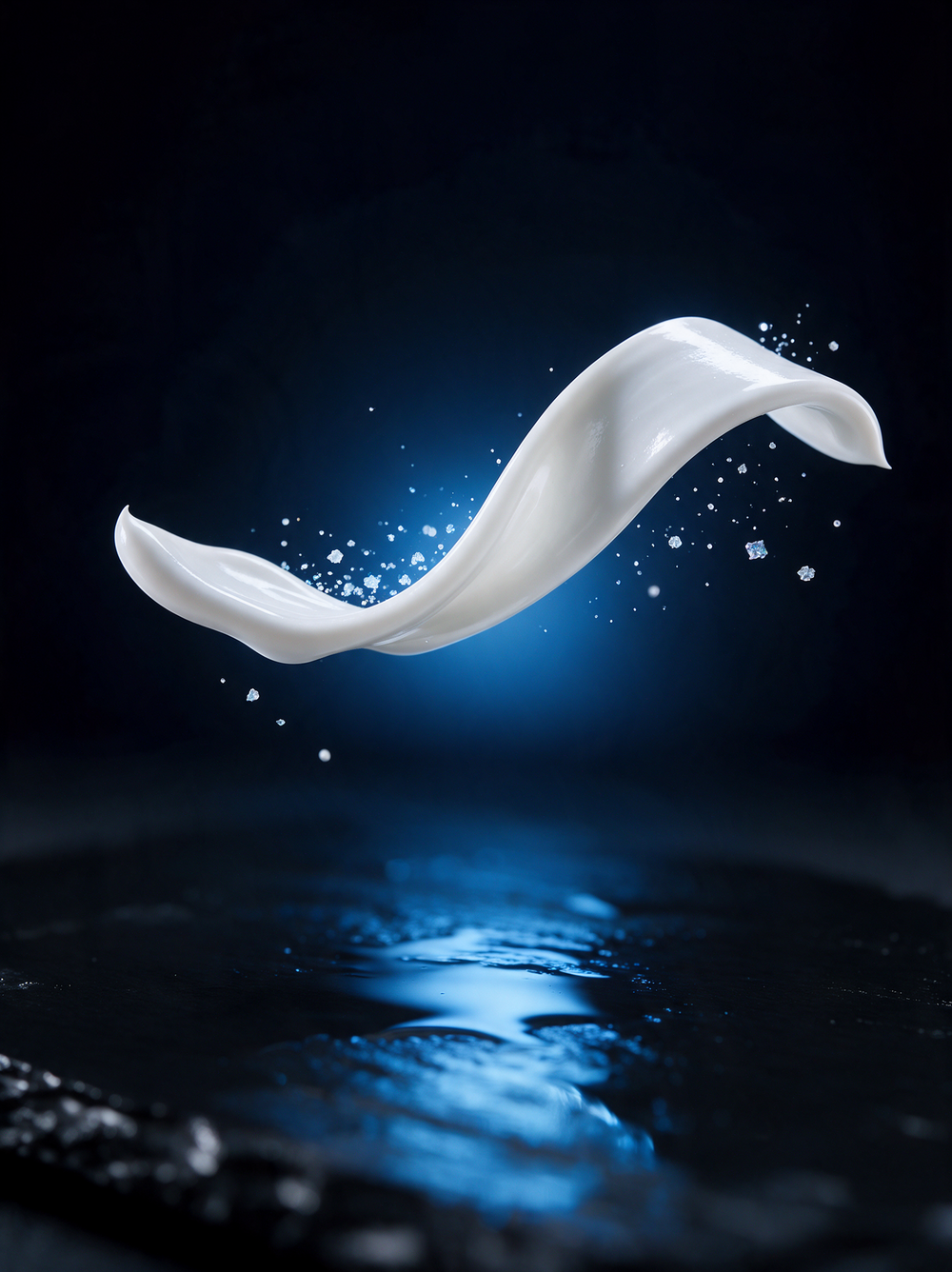 Ribbon of white nHA toothpaste with mineral particles in blue light