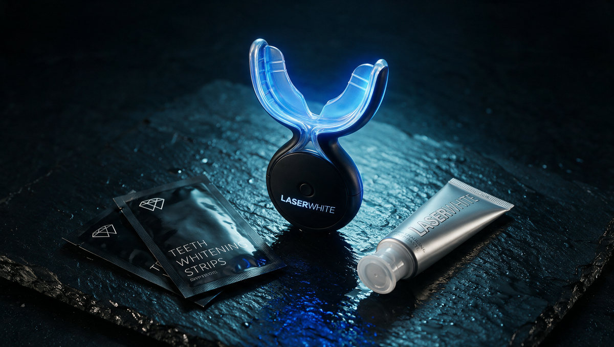 LaserWhite Mouthguard 2.0 glowing blue with whitening strips and nHA toothpaste