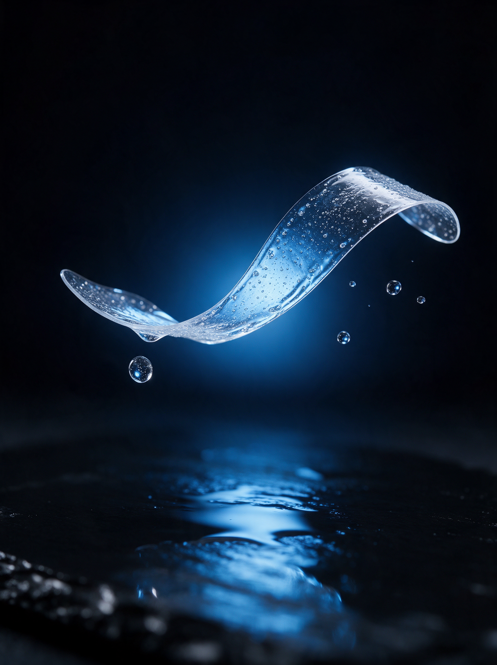 Clear hydrogen peroxide whitening strip glistening with gel in blue light