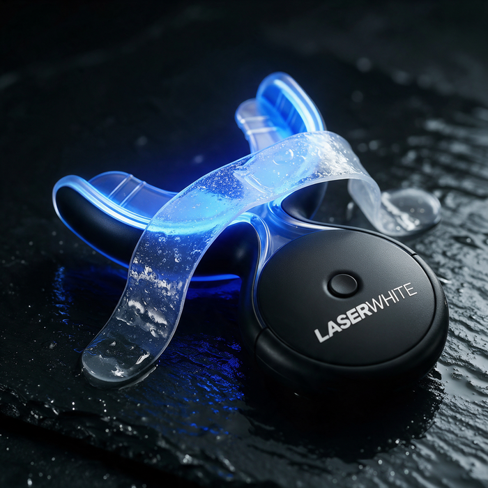 Peroxide gel strip on the LaserWhite Mouthguard 2.0 glowing blue
