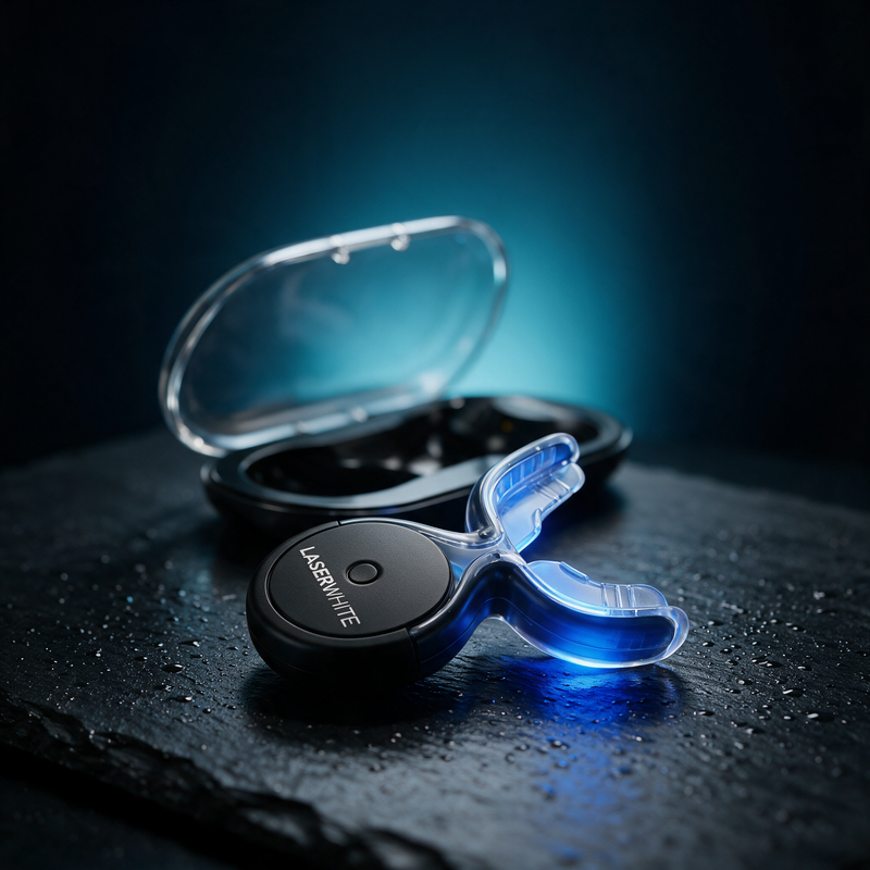 LaserWhite Mouthguard 2.0 glowing blue on wet slate with its charging case