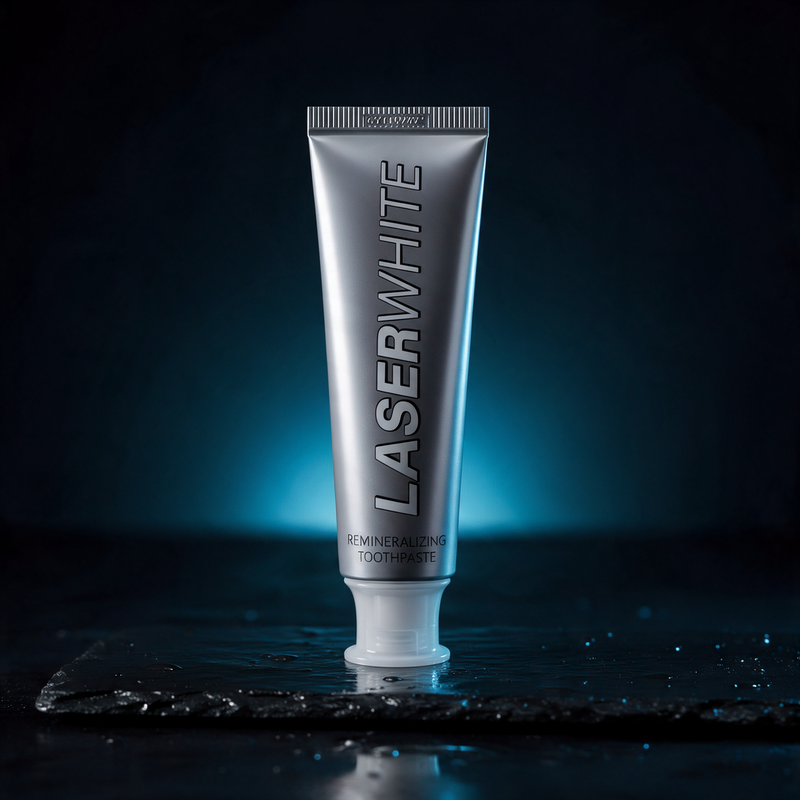 LaserWhite nHA toothpaste tube on wet slate in blue light