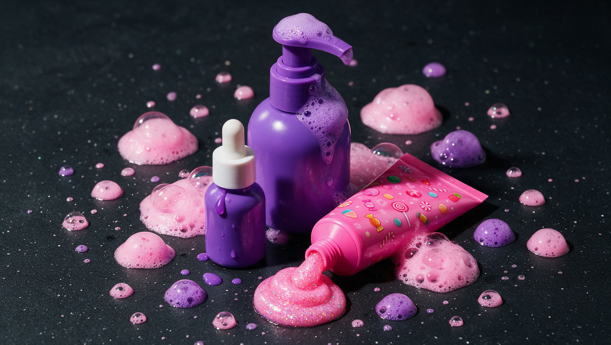 Generic purple whitening foam and pink glitter toothpaste